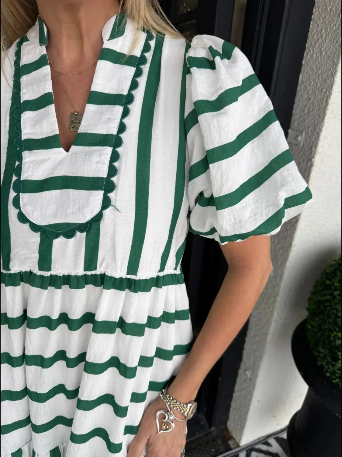 Striped Notched Puff Sleeve Midi Dress - Velora Luxury Fashion