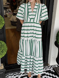 Striped Notched Puff Sleeve Midi Dress - Velora Luxury Fashion