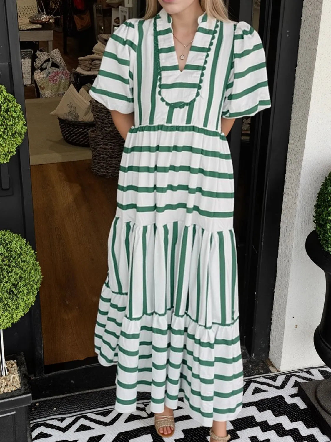Striped Notched Puff Sleeve Midi Dress - Velora Luxury Fashion