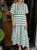 Striped Notched Puff Sleeve Midi Dress - Velora Luxury Fashion