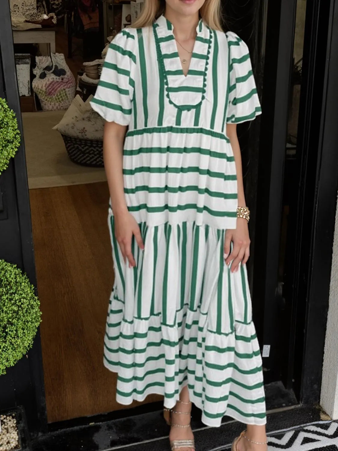 Striped Notched Puff Sleeve Midi Dress - Velora Luxury Fashion