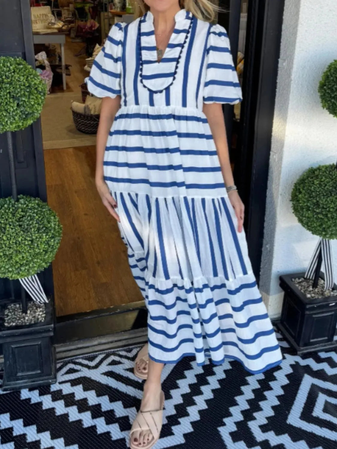 Striped Notched Puff Sleeve Midi Dress - Velora Luxury Fashion