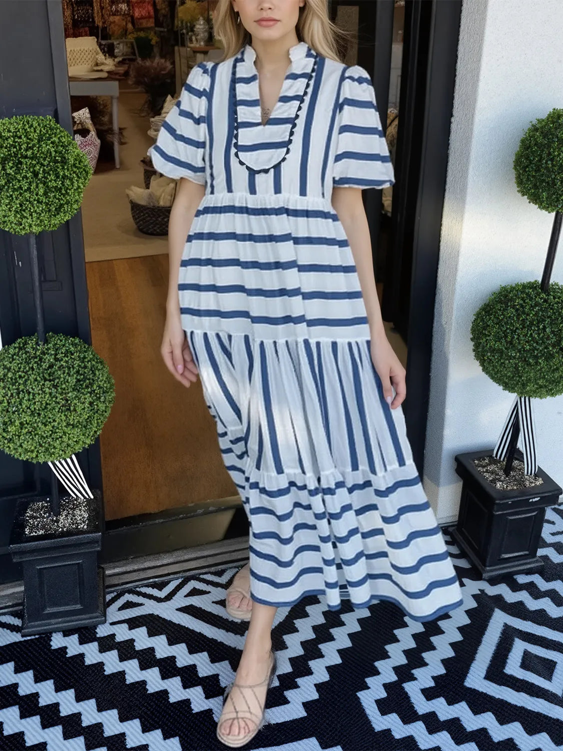 Striped Notched Puff Sleeve Midi Dress - Velora Luxury Fashion