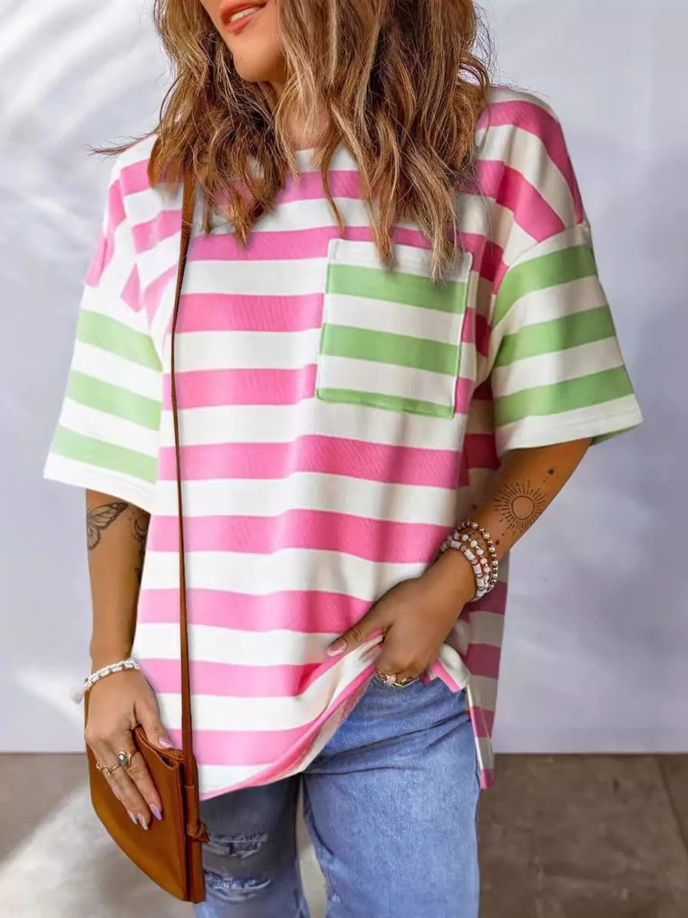 Striped Oversized Short Sleeve T-Shirt - Velora Luxury Fashion