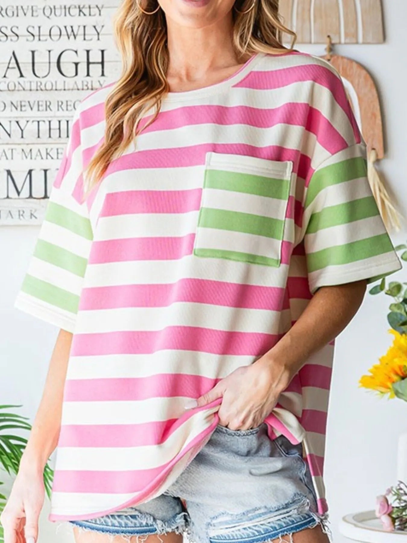Striped Oversized Short Sleeve T-Shirt - Velora Luxury Fashion