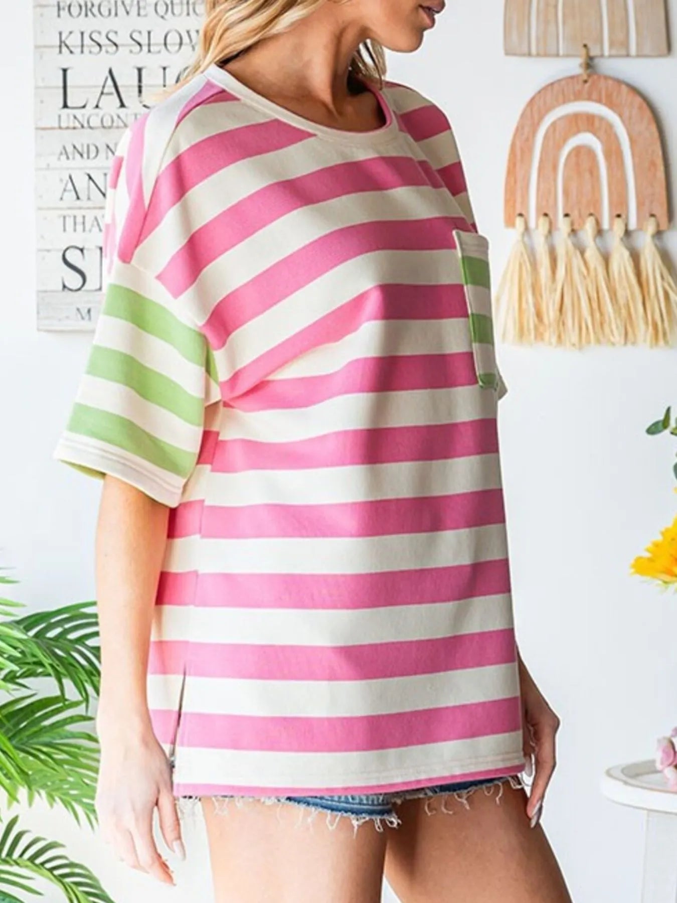 Striped Oversized Short Sleeve T-Shirt - Velora Luxury Fashion