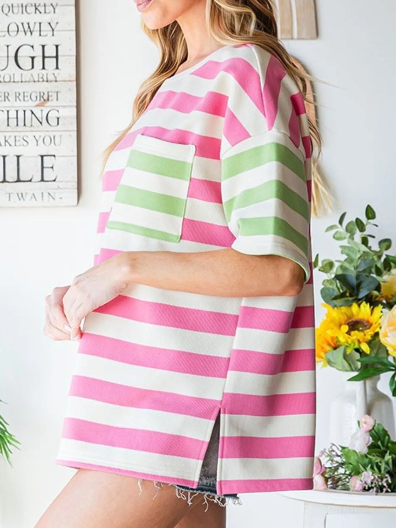 Striped Oversized Short Sleeve T-Shirt - Velora Luxury Fashion