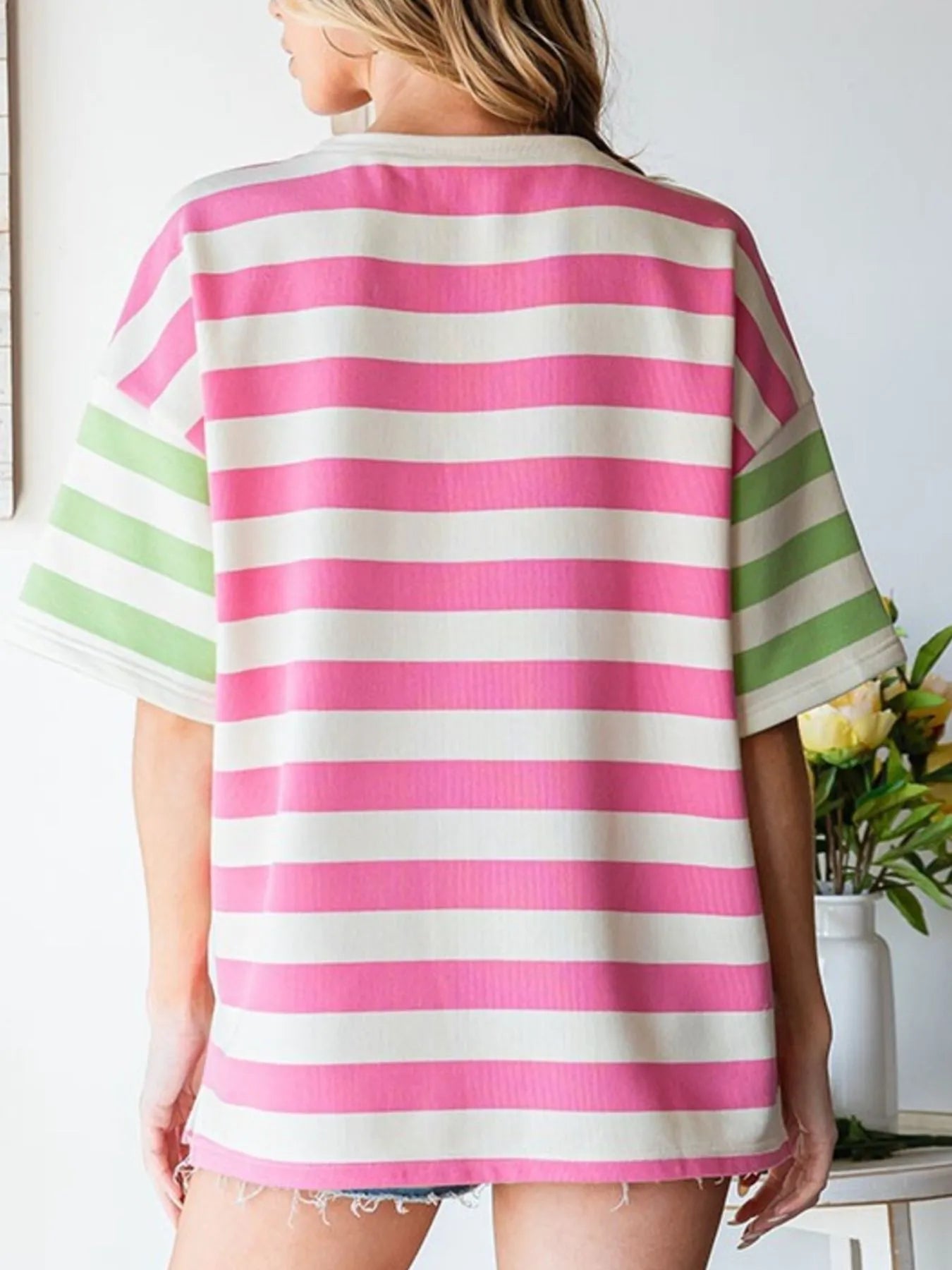 Striped Oversized Short Sleeve T-Shirt - Velora Luxury Fashion
