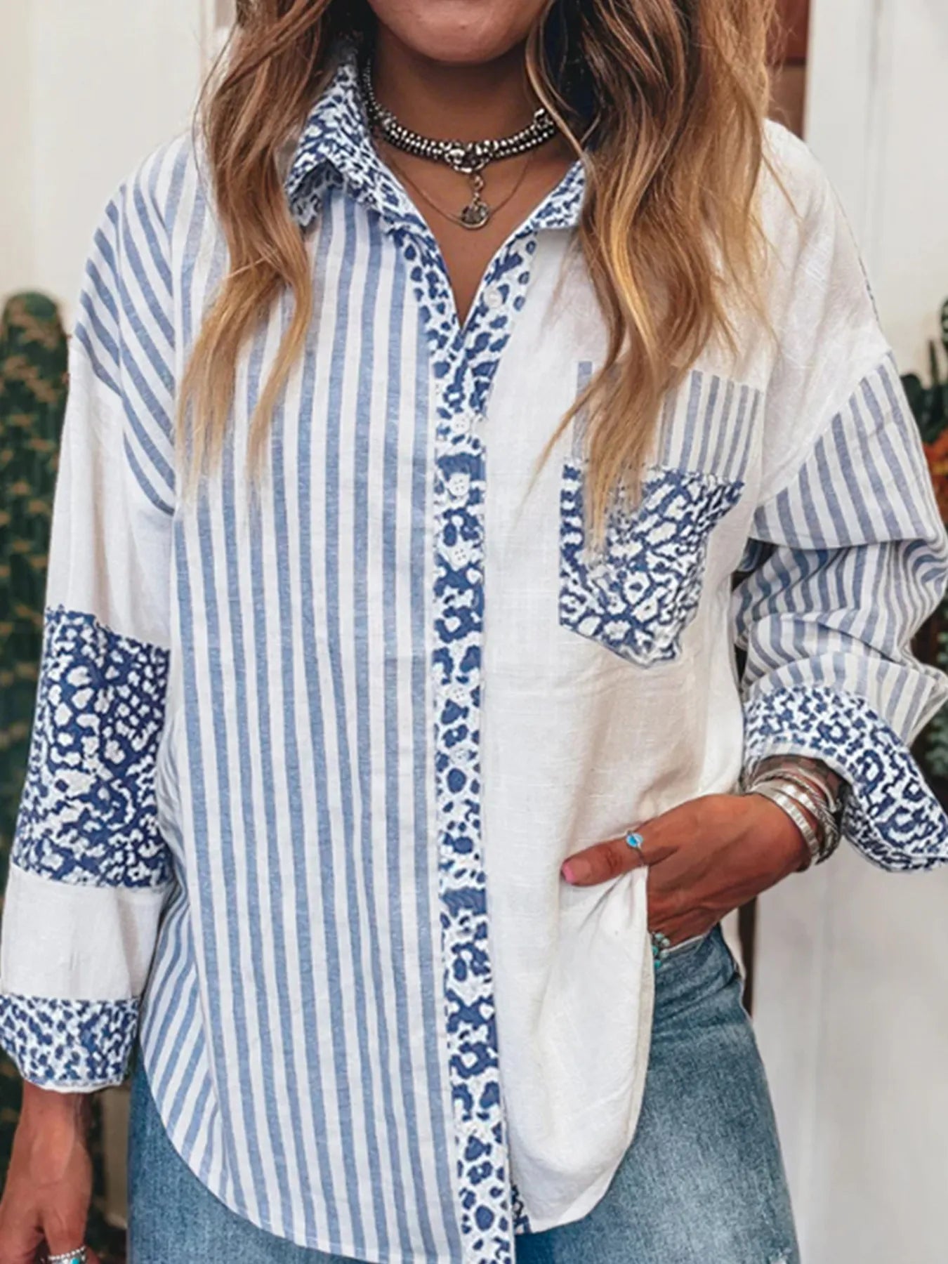 Striped Patchwork Button Down Shirt with Leopard Print Details - Velora Luxury Fashion