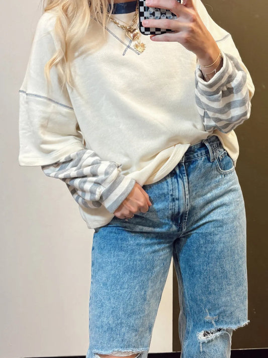 Striped Patchwork Long Sleeve Round Neck Two-in-one Top - Velora Luxury Fashion