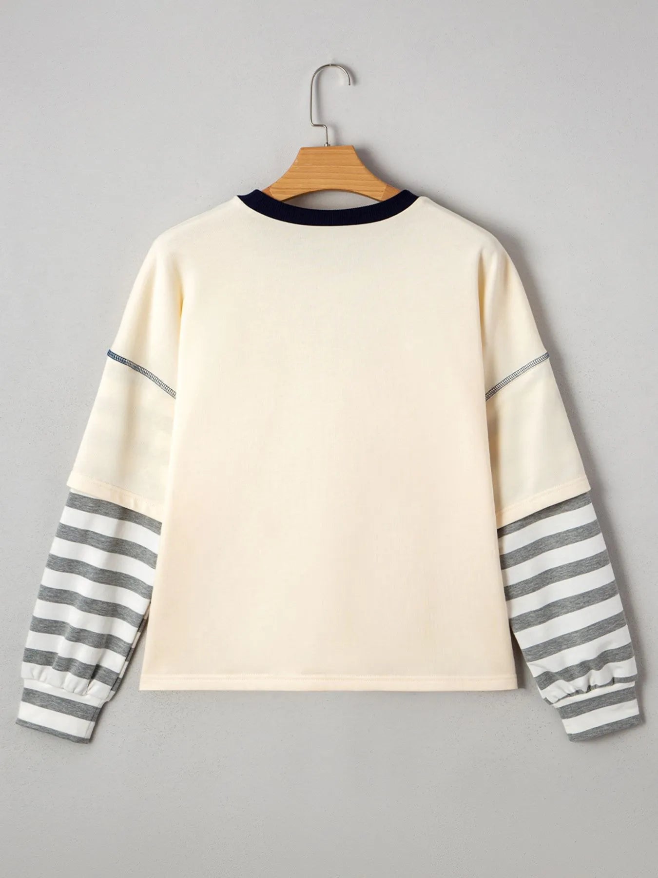 Striped Patchwork Long Sleeve Round Neck Two-in-one Top - Velora Luxury Fashion