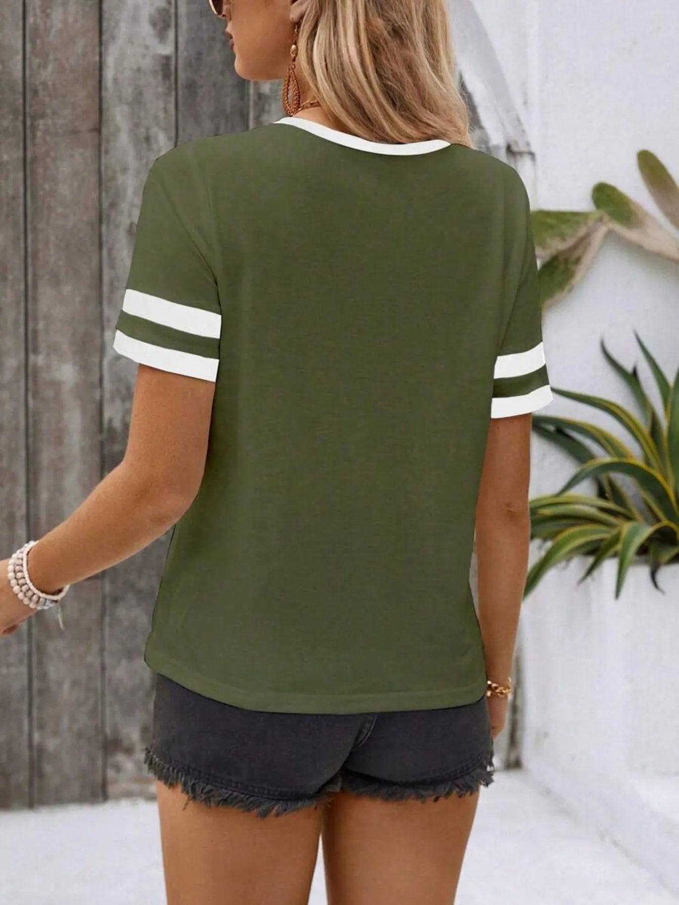 Striped Short Sleeve Half Zip Top - Velora Luxury Fashion