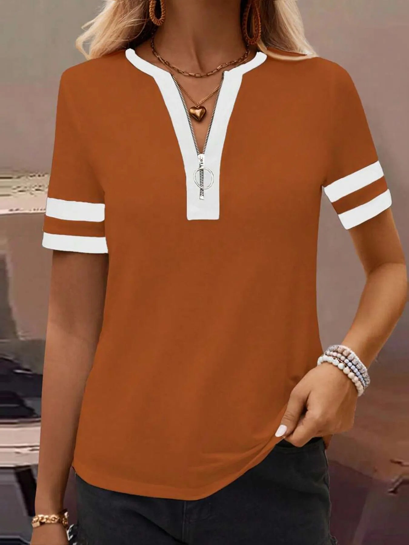 Striped Short Sleeve Half Zip Top - Velora Luxury Fashion