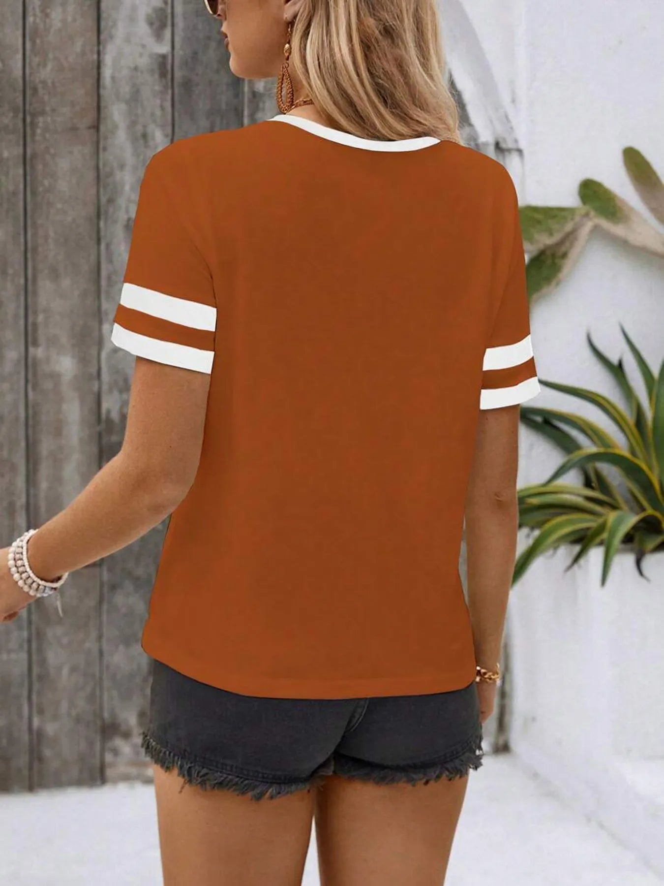 Striped Short Sleeve Half Zip Top - Velora Luxury Fashion