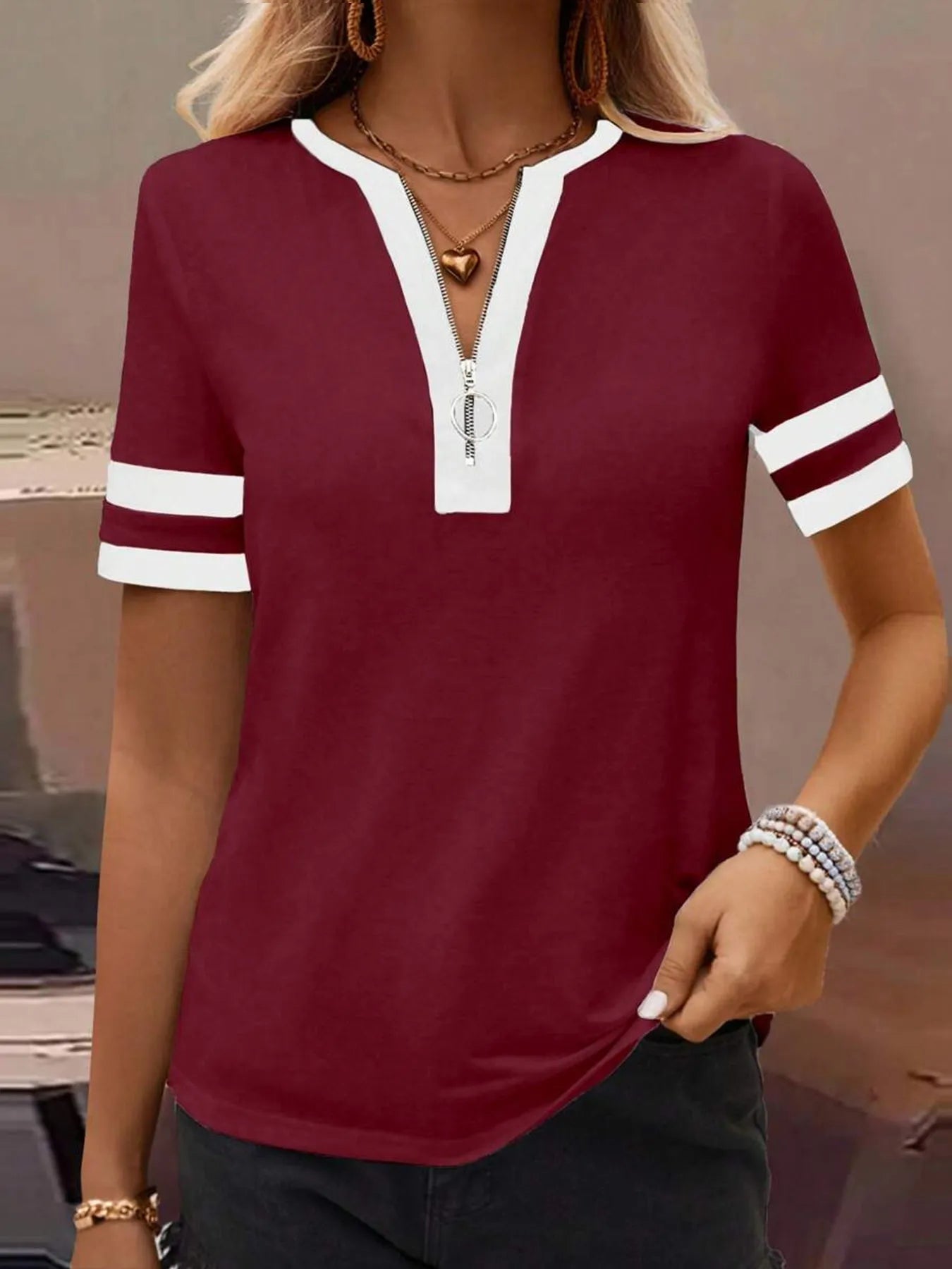 Striped Short Sleeve Half Zip Top - Velora Luxury Fashion