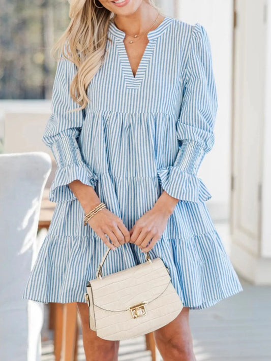 Striped Tiered Flounce Sleeve Shirt Dress - Velora Luxury Fashion