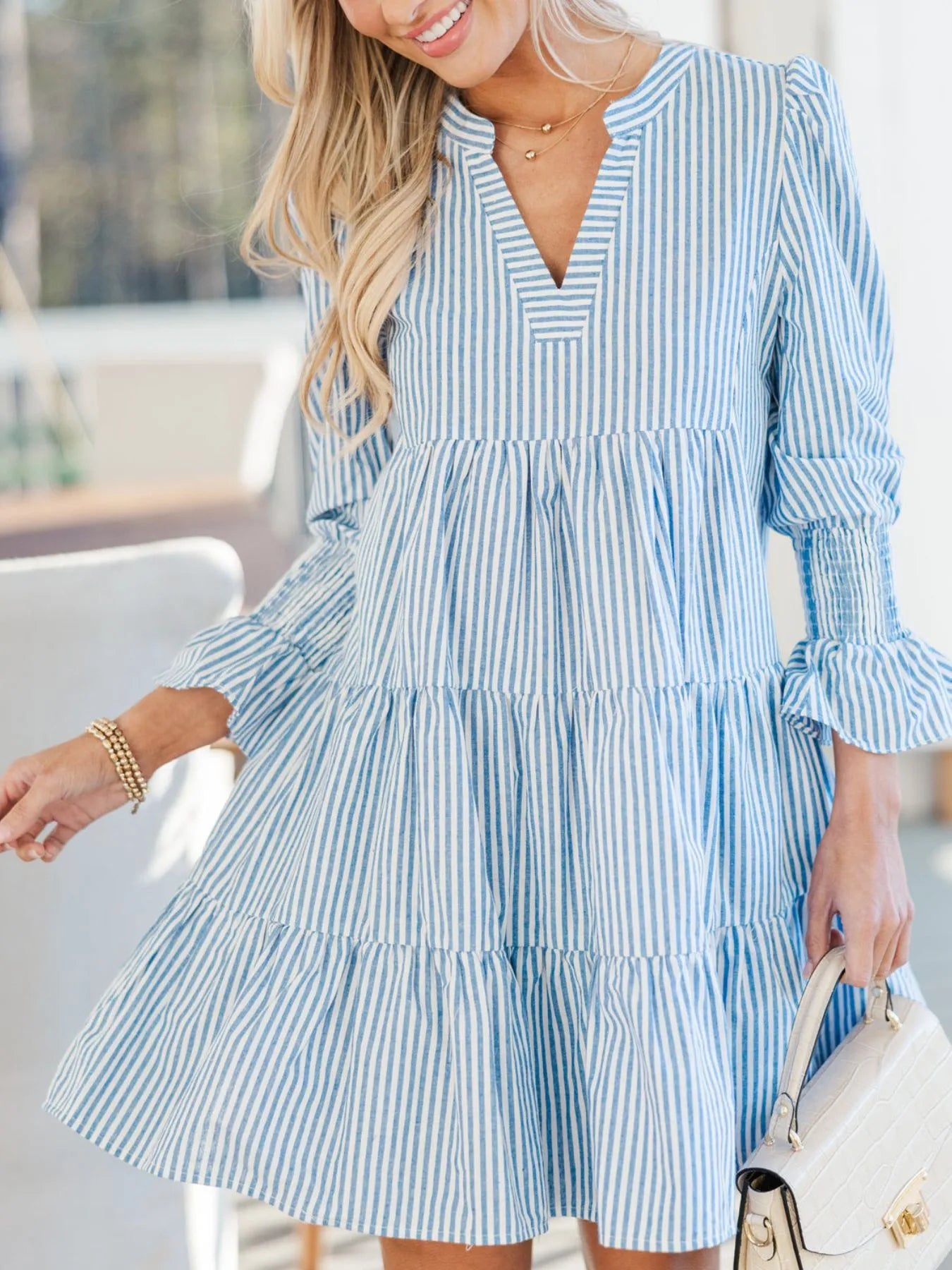 Striped Tiered Flounce Sleeve Shirt Dress - Velora Luxury Fashion