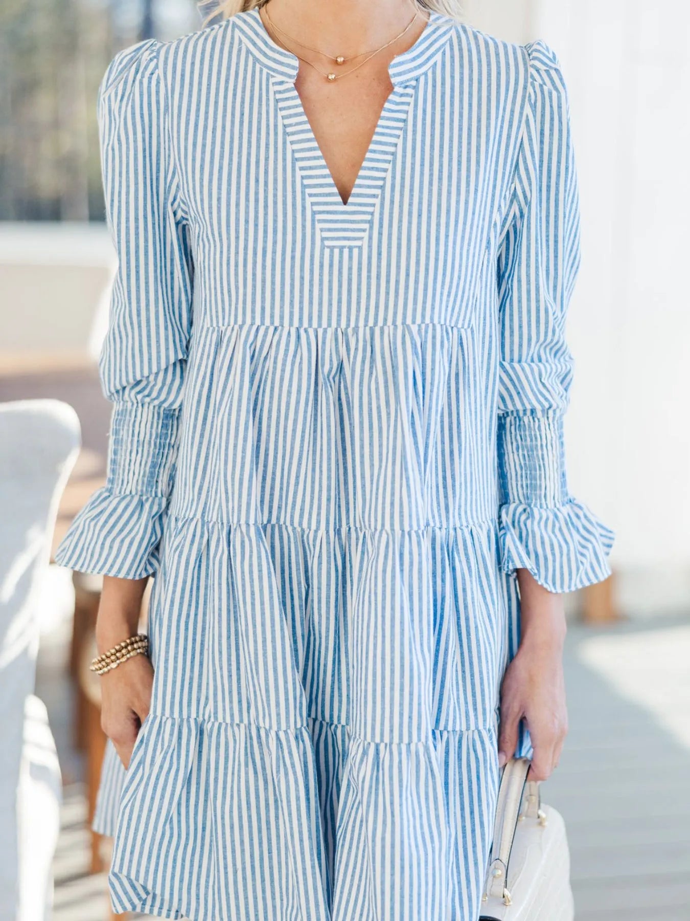 Striped Tiered Flounce Sleeve Shirt Dress - Velora Luxury Fashion