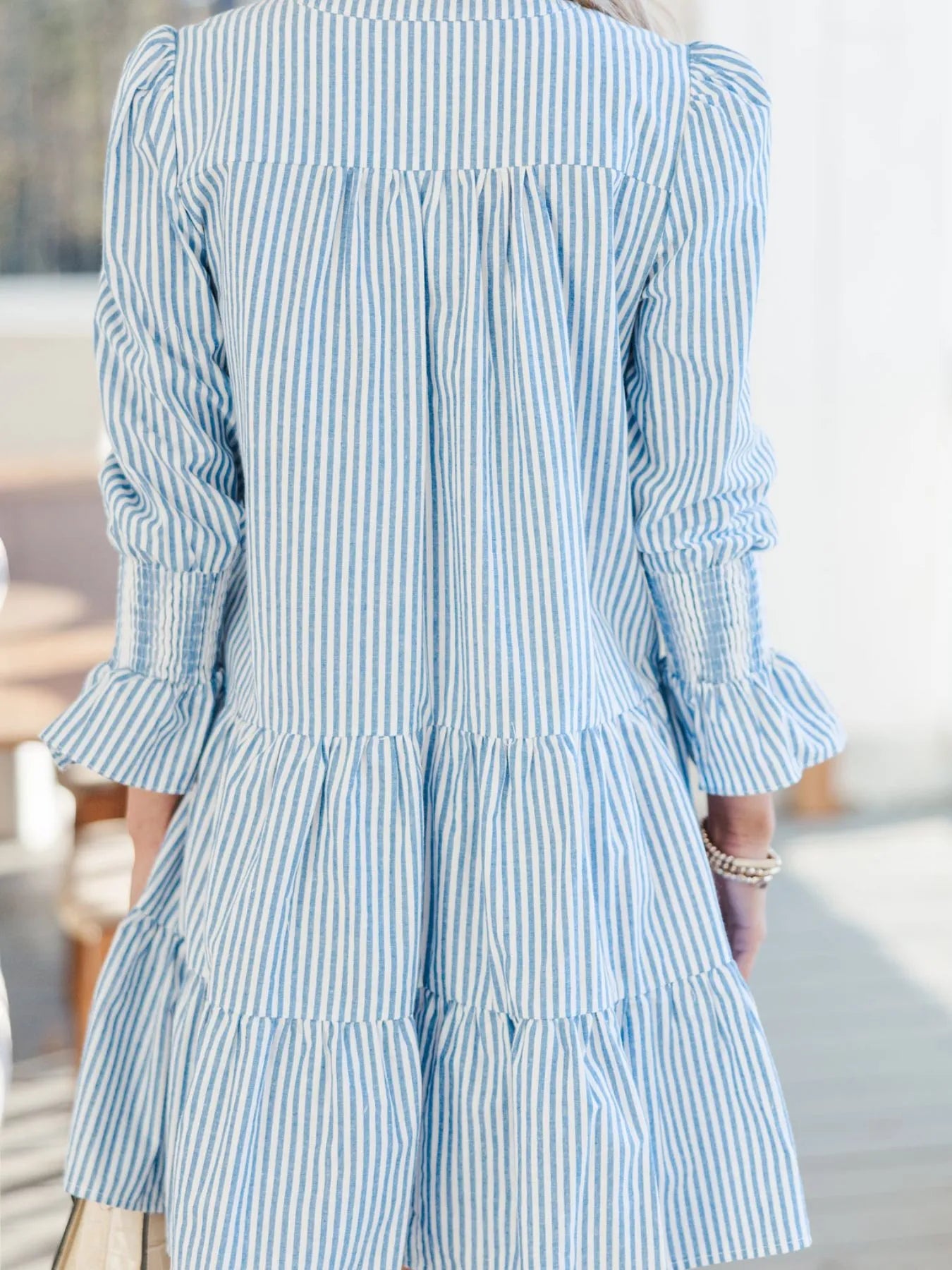 Striped Tiered Flounce Sleeve Shirt Dress - Velora Luxury Fashion