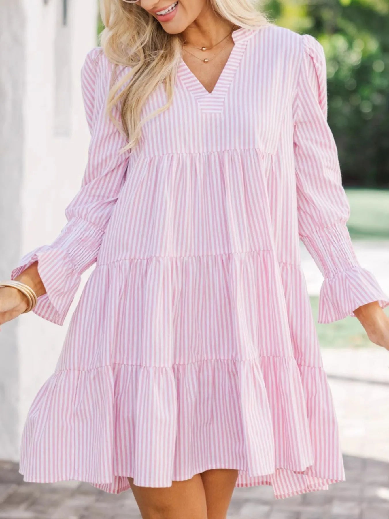 Striped Tiered Flounce Sleeve Shirt Dress - Velora Luxury Fashion