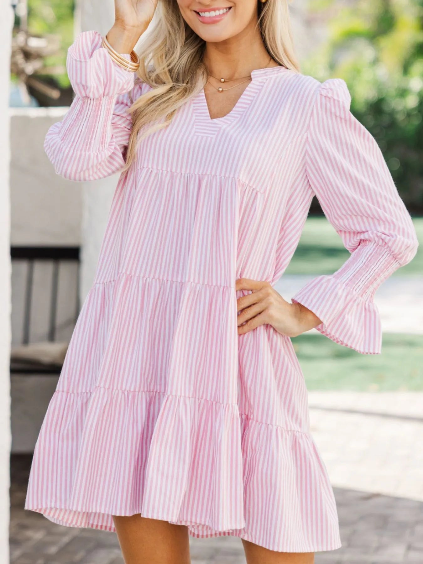 Striped Tiered Flounce Sleeve Shirt Dress - Velora Luxury Fashion