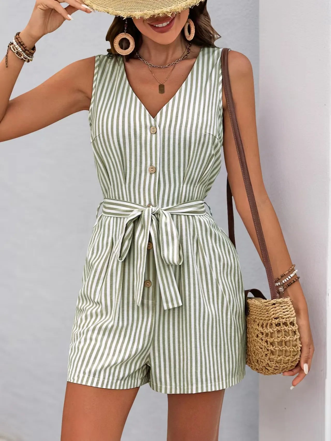 Striped V-neck Button Front Belted Romper - Velora Luxury Fashion