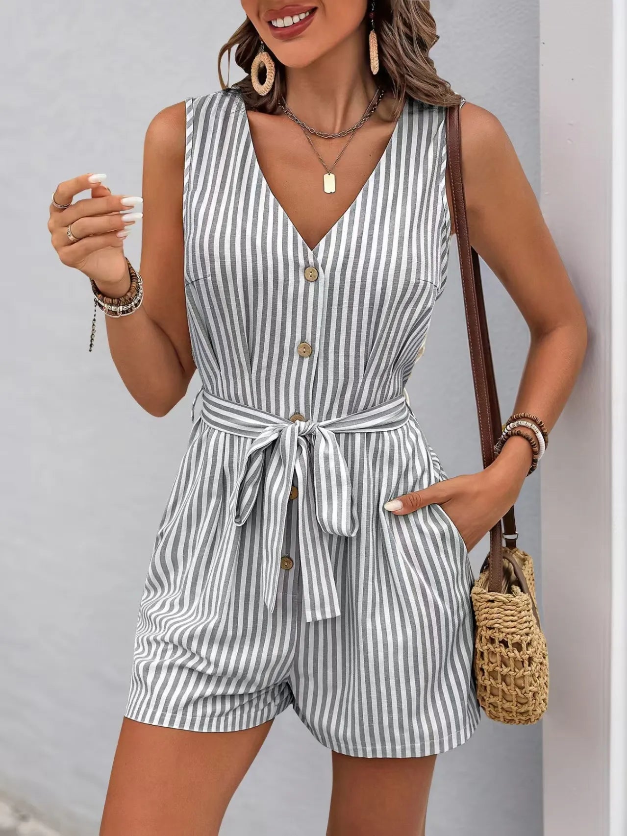 Striped V-neck Button Front Belted Romper - Velora Luxury Fashion
