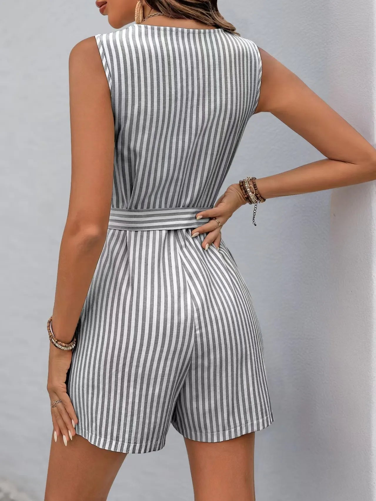 Striped V-neck Button Front Belted Romper - Velora Luxury Fashion
