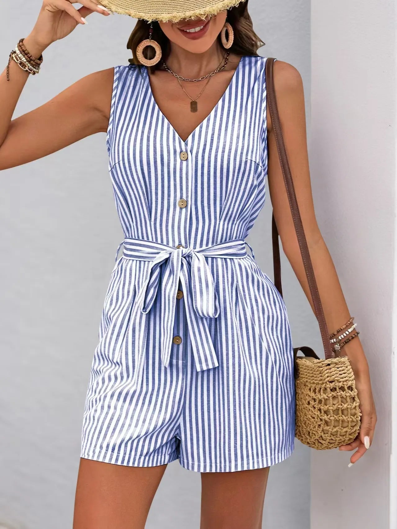 Striped V-neck Button Front Belted Romper - Velora Luxury Fashion