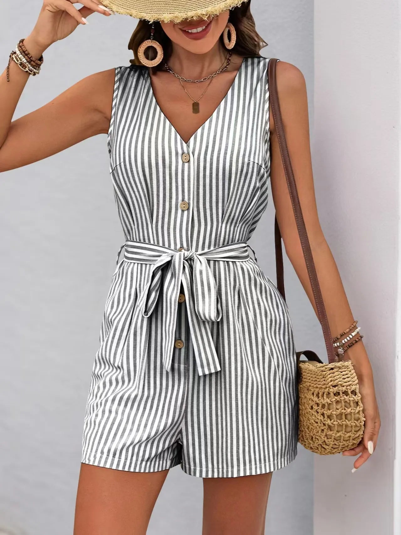 Striped V-neck Button Front Belted Romper - Velora Luxury Fashion