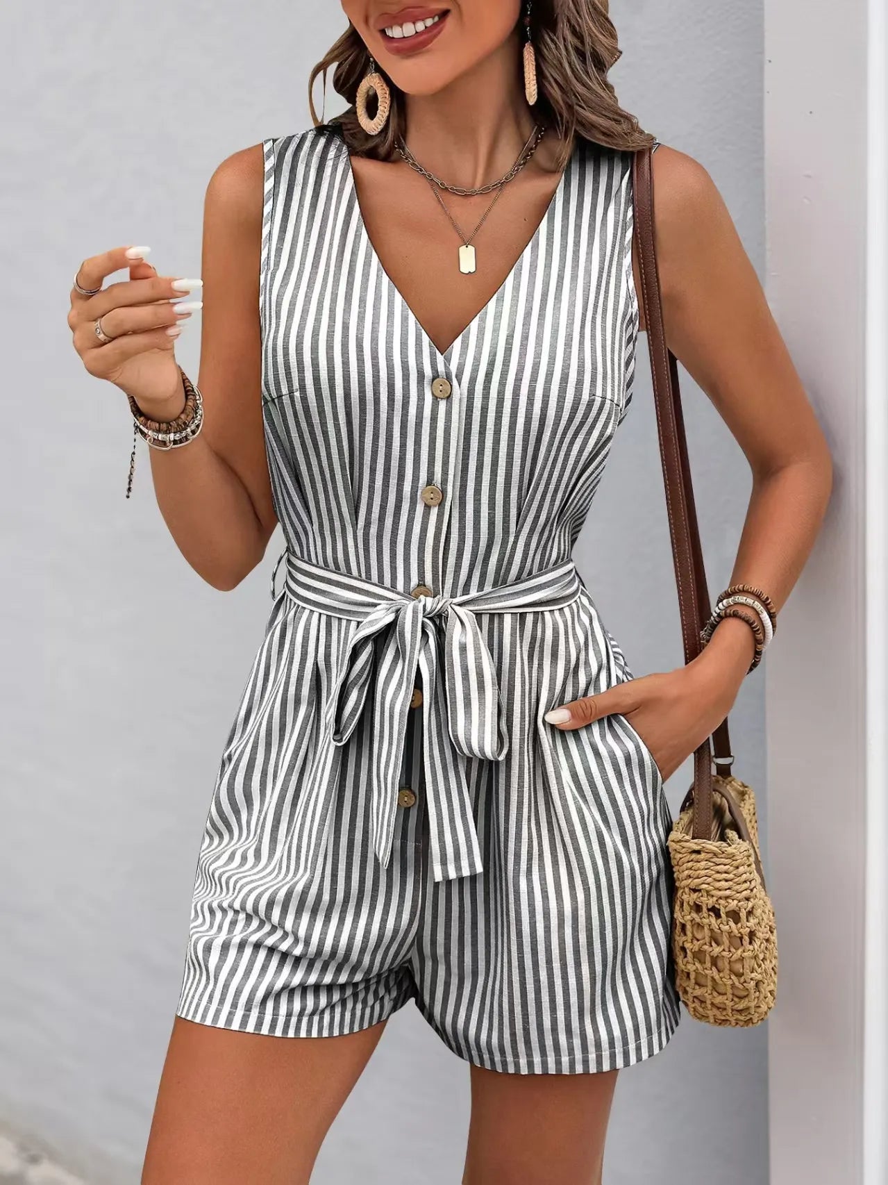 Striped V-neck Button Front Belted Romper - Velora Luxury Fashion