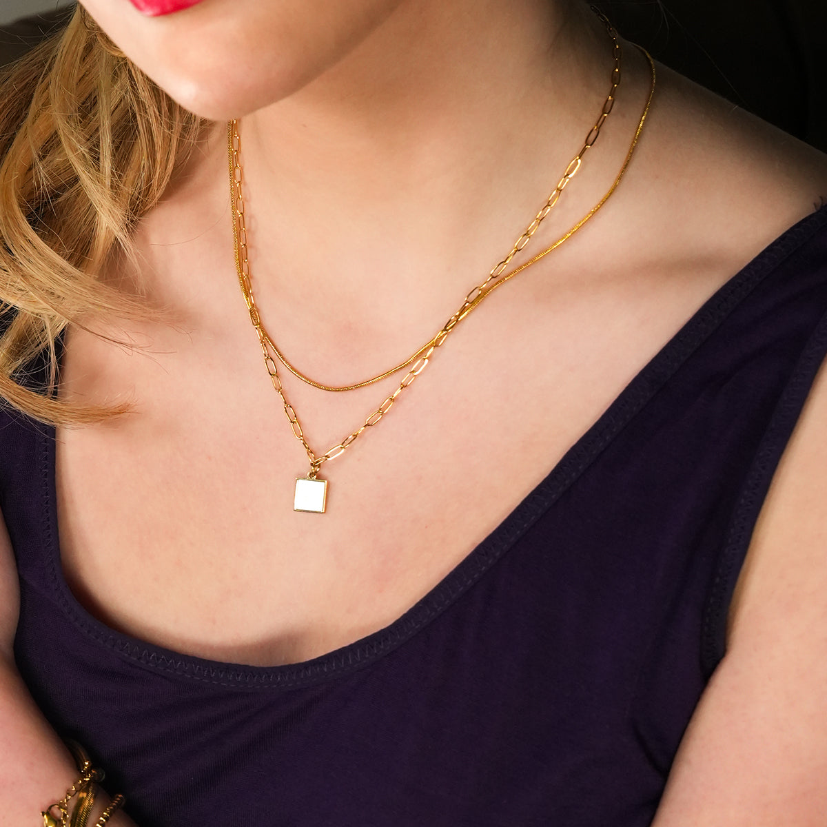 Style ANNABELLA: Minimalist Metal & Shell Square Pendant on a Paper-Clip Chain Necklace. - Velora Luxury Fashion