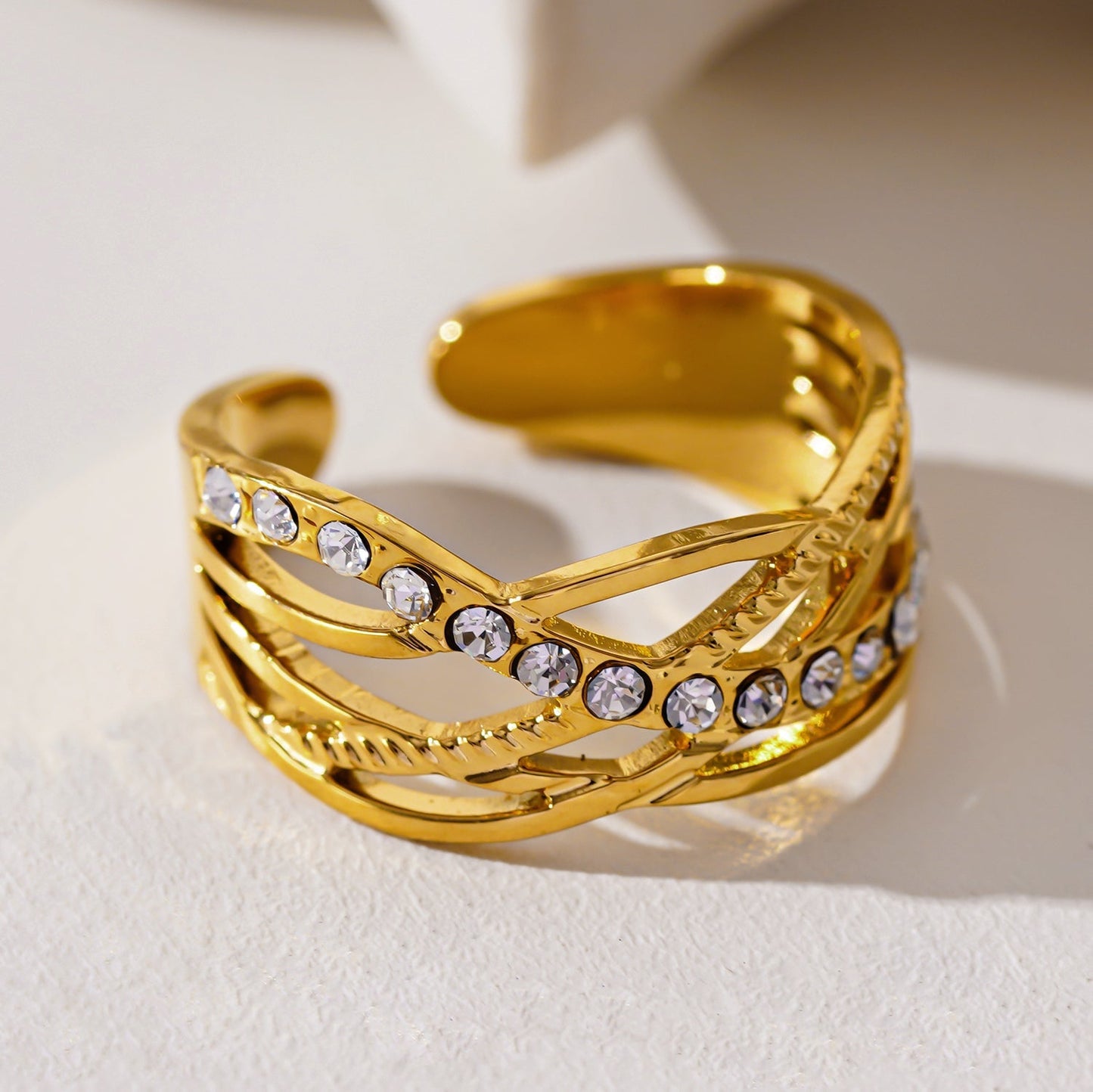 Style CORAZON: Cross Over Multi Stacked Zirconia Embedded Ring - Velora Luxury Fashion