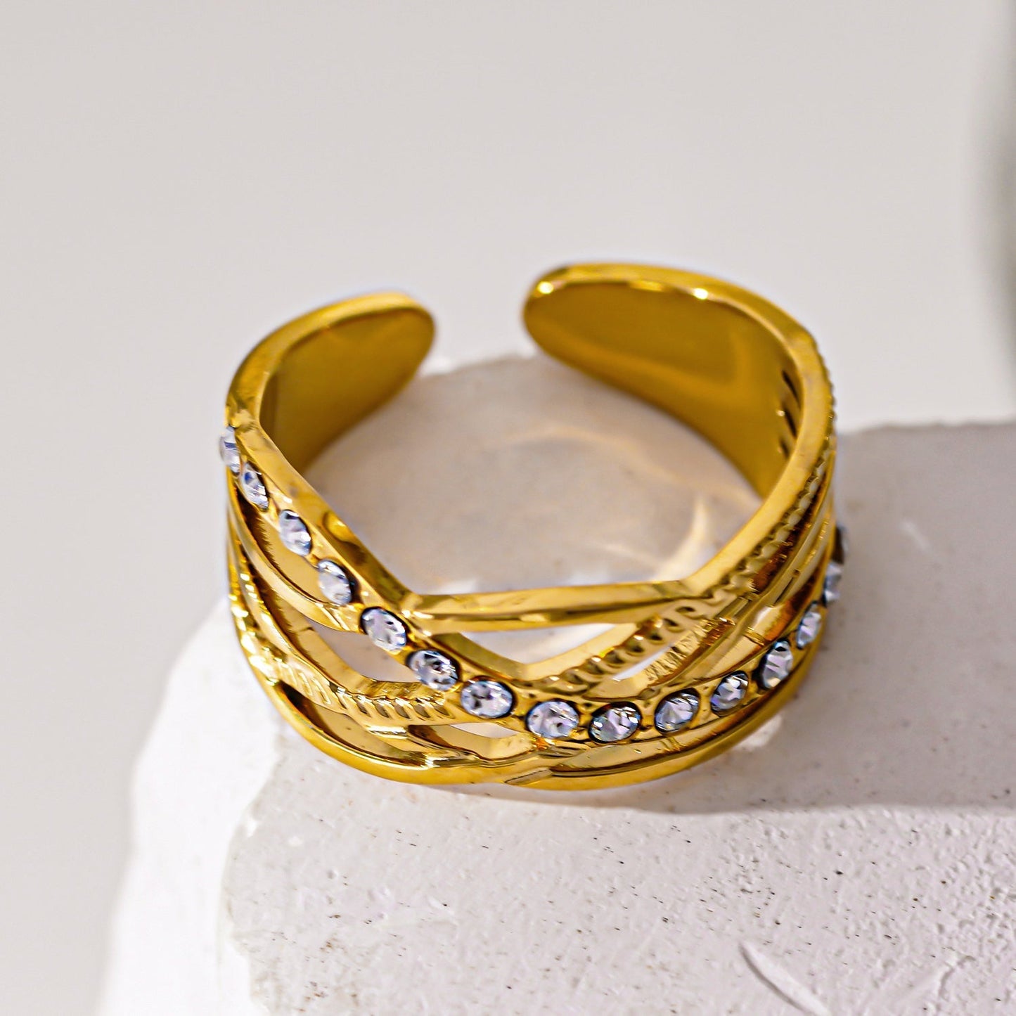 Style CORAZON: Cross Over Multi Stacked Zirconia Embedded Ring - Velora Luxury Fashion