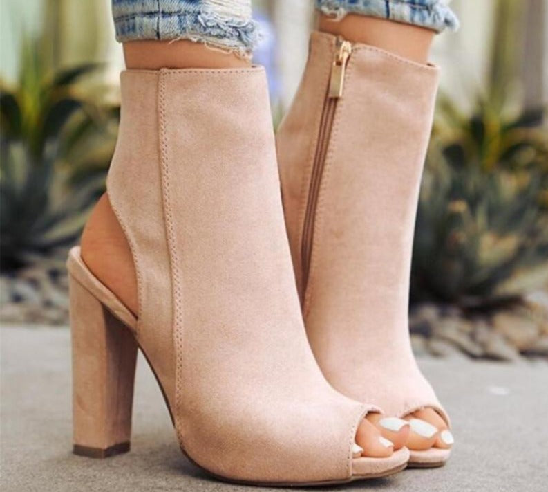 Suede Peep Toe Block Heels - Velora Luxury Fashion