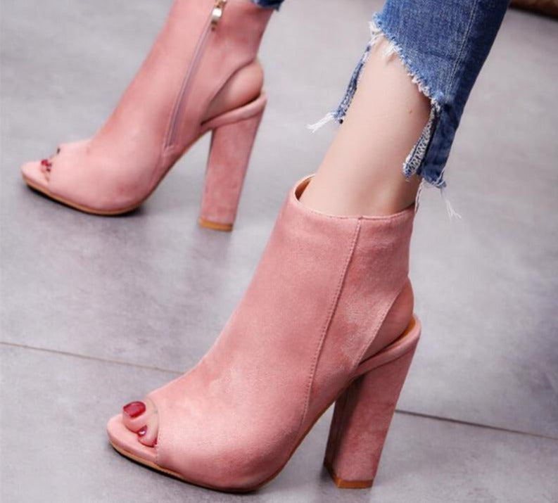 Suede Peep Toe Block Heels - Velora Luxury Fashion