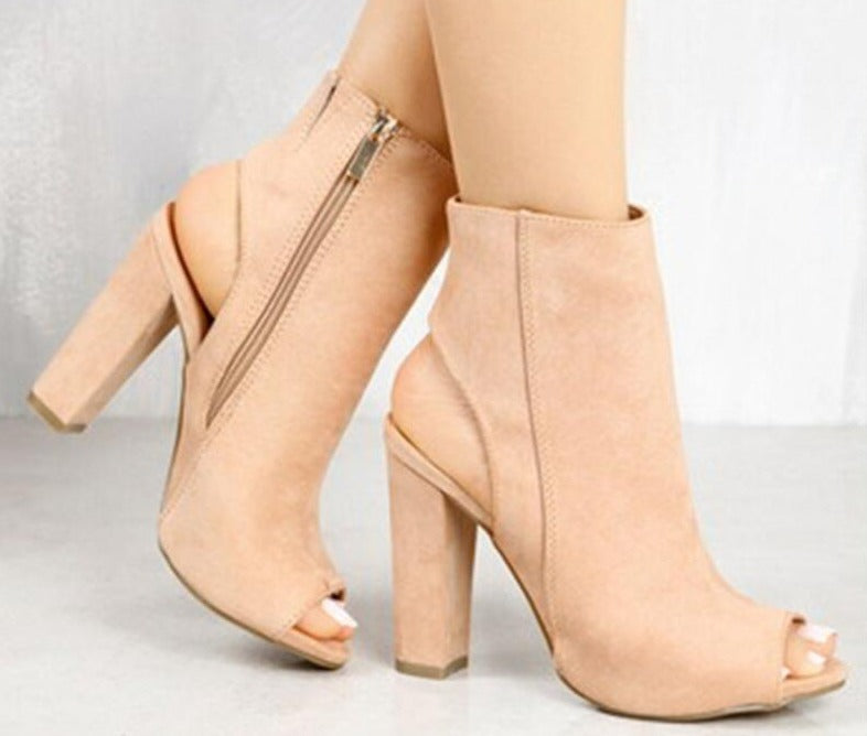 Suede Peep Toe Block Heels - Velora Luxury Fashion