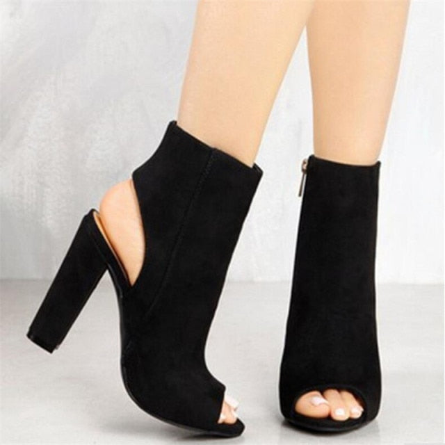 Suede Peep Toe Block Heels - Velora Luxury Fashion