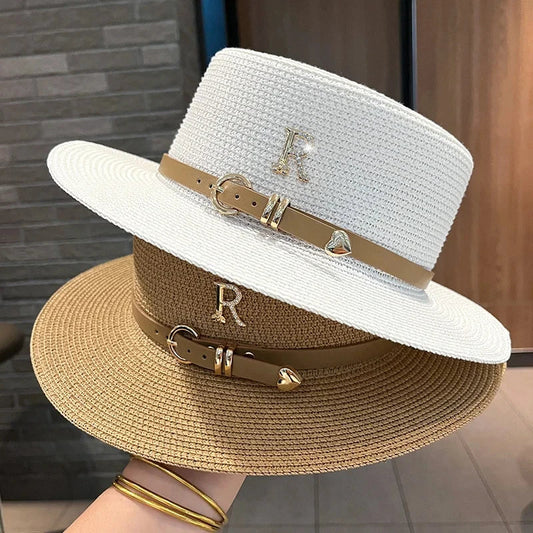 Summer Sun Hat Flat Top Straw Hats for Women New Metal R Letter Fashionable Beach Sun Hat Females Travel Holidays Boater Hat - Velora Luxury Fashion