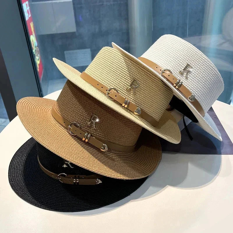 Summer Sun Hat Flat Top Straw Hats for Women New Metal R Letter Fashionable Beach Sun Hat Females Travel Holidays Boater Hat - Velora Luxury Fashion