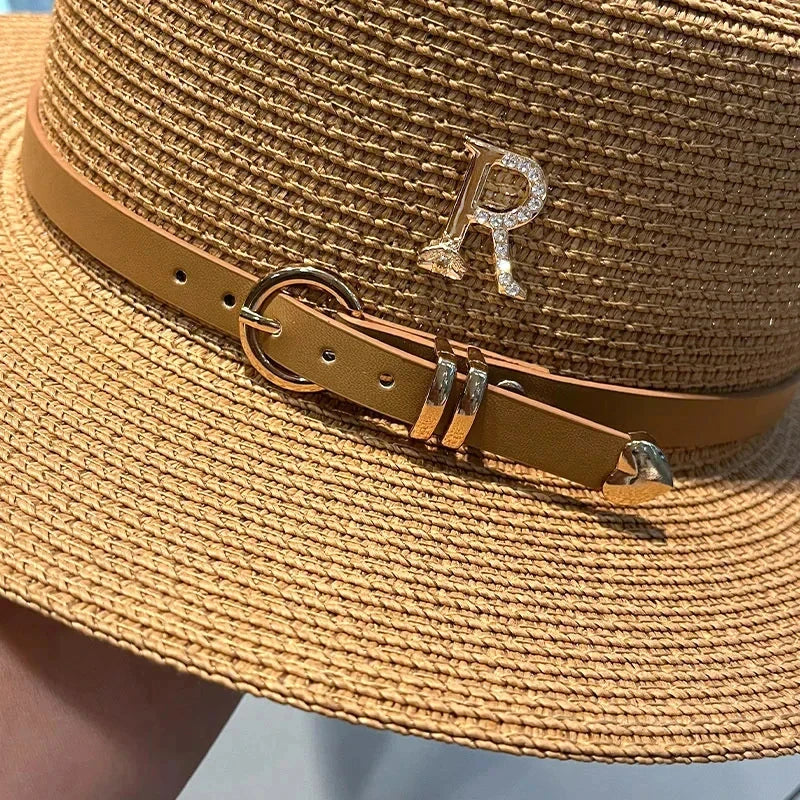 Summer Sun Hat Flat Top Straw Hats for Women New Metal R Letter Fashionable Beach Sun Hat Females Travel Holidays Boater Hat - Velora Luxury Fashion