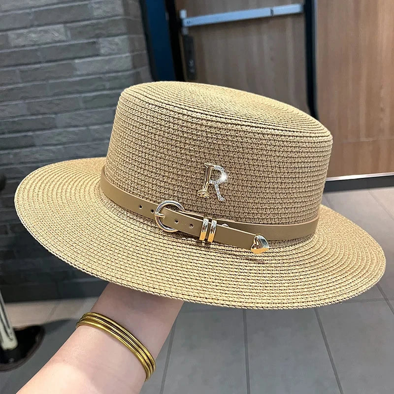 Summer Sun Hat Flat Top Straw Hats for Women New Metal R Letter Fashionable Beach Sun Hat Females Travel Holidays Boater Hat - Velora Luxury Fashion