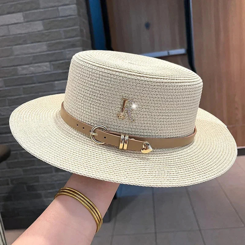 Summer Sun Hat Flat Top Straw Hats for Women New Metal R Letter Fashionable Beach Sun Hat Females Travel Holidays Boater Hat - Velora Luxury Fashion