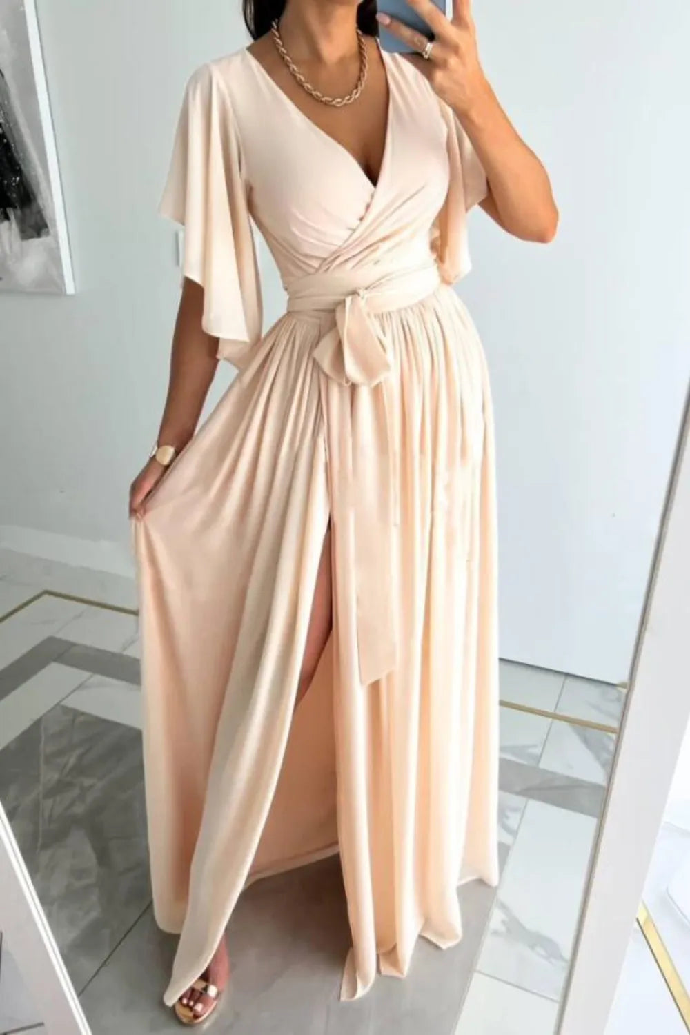 Surplice Flutter Sleeve Maxi Dress - Velora Luxury Fashion