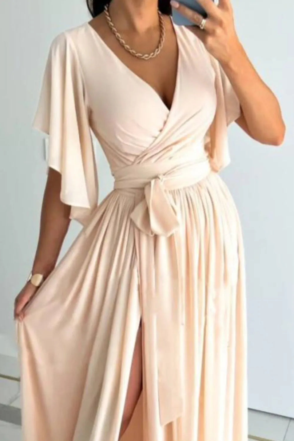 Surplice Flutter Sleeve Maxi Dress - Velora Luxury Fashion
