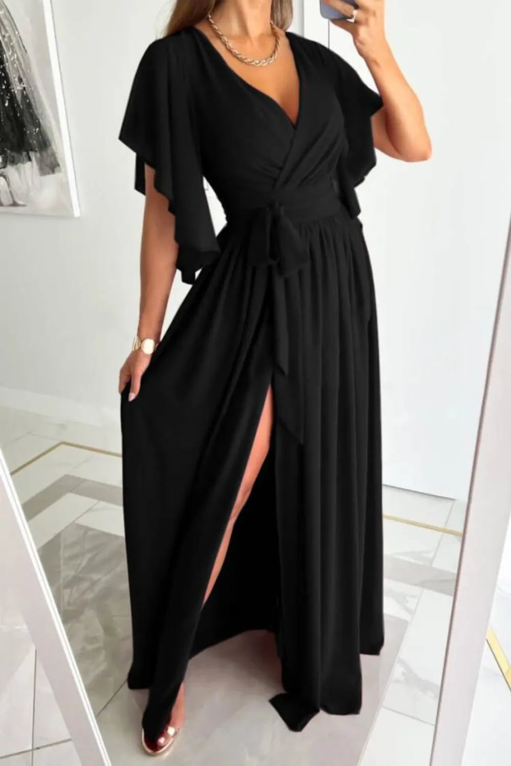 Surplice Flutter Sleeve Maxi Dress - Velora Luxury Fashion