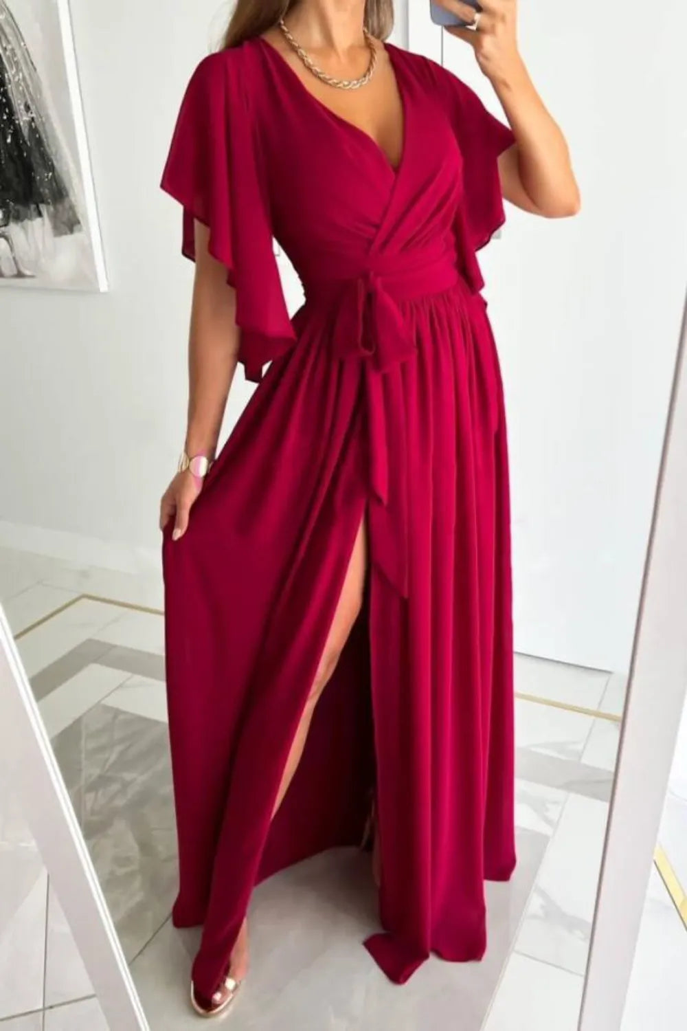 Surplice Flutter Sleeve Maxi Dress - Velora Luxury Fashion