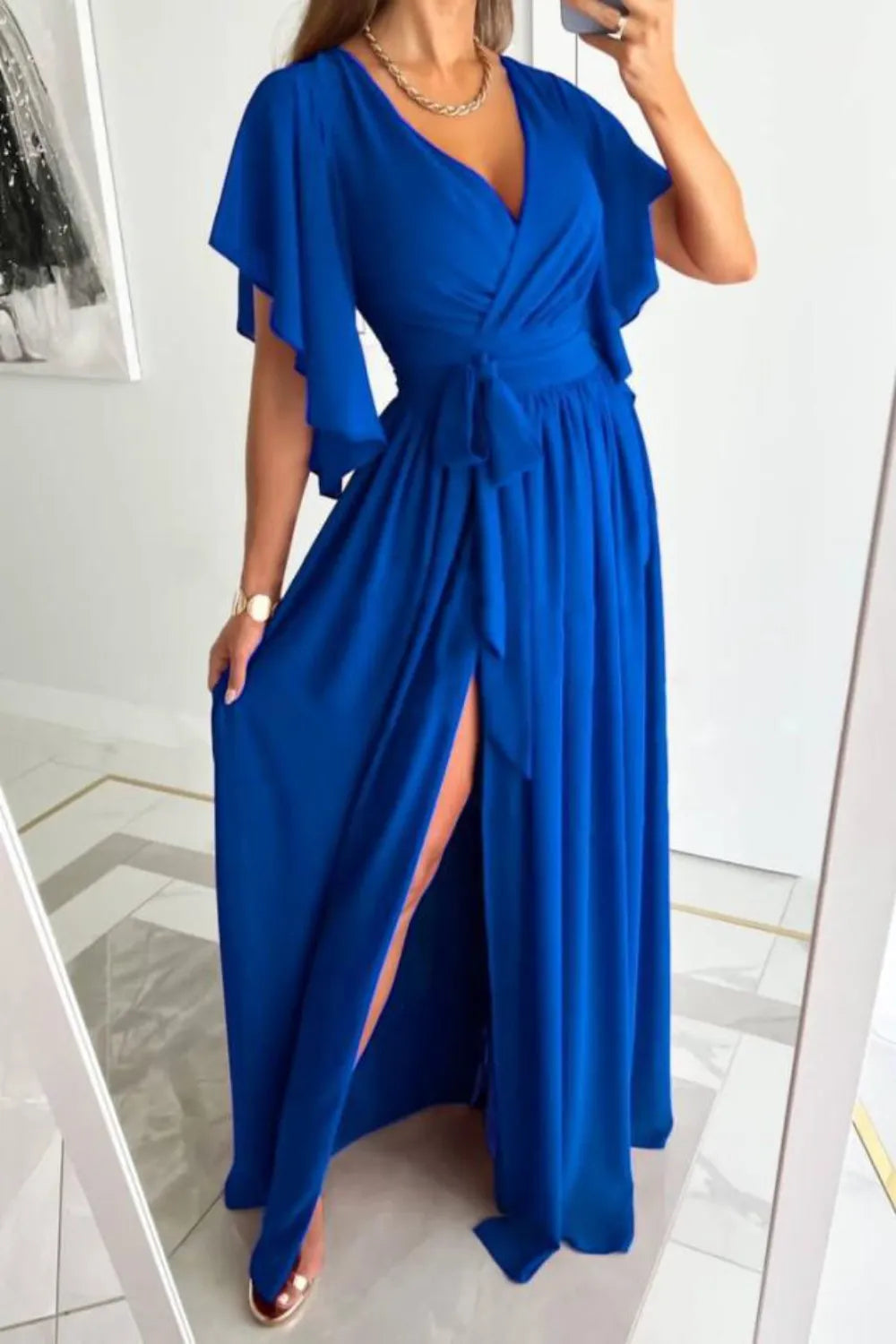 Surplice Flutter Sleeve Maxi Dress - Velora Luxury Fashion