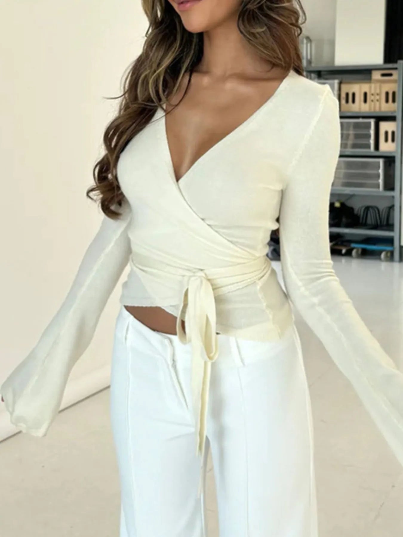 Surplice Long Sleeve Ruched Top - Velora Luxury Fashion