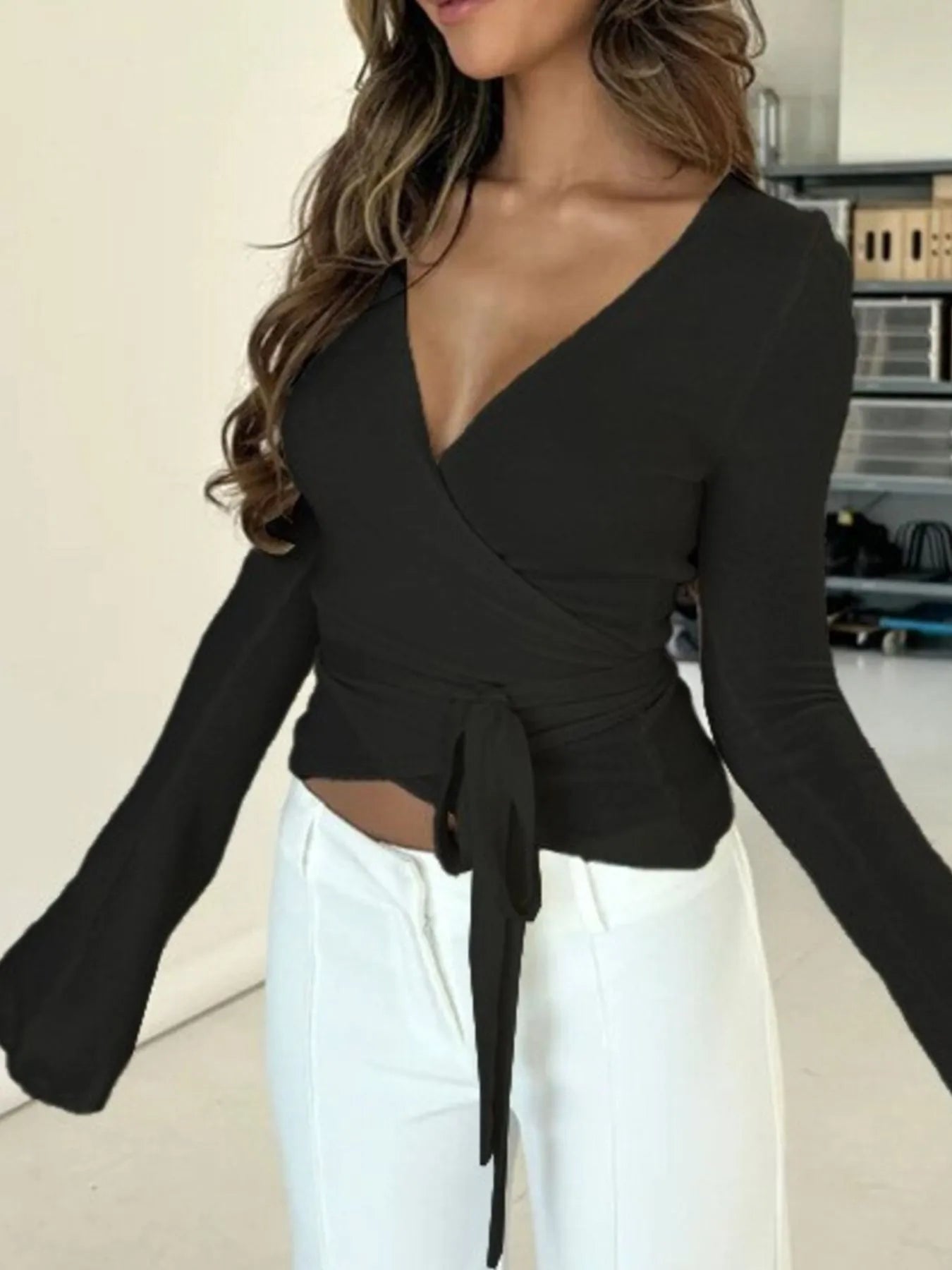 Surplice Long Sleeve Ruched Top - Velora Luxury Fashion